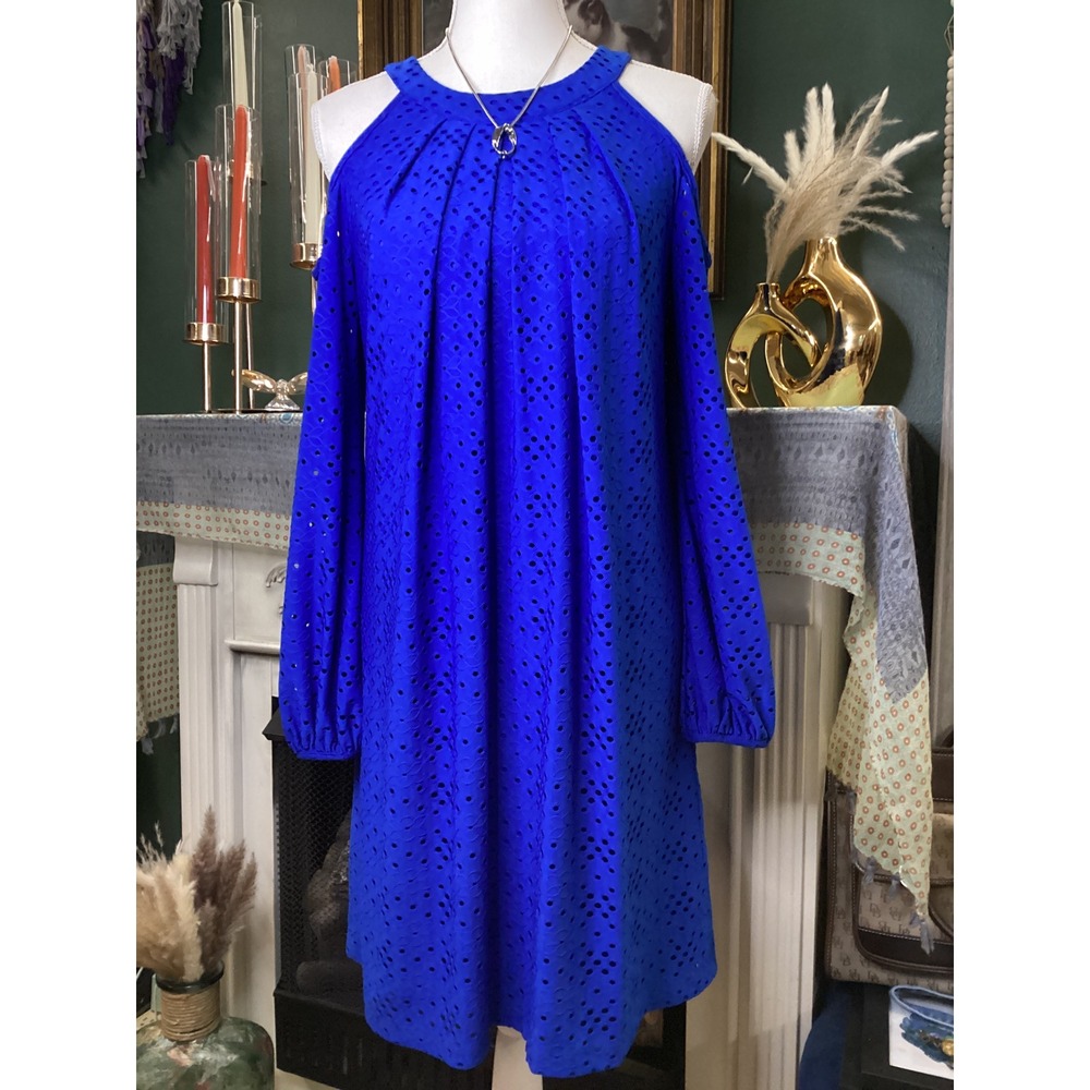 London Times Blue Eyelet Cold Shoulder Halter Neck Shift‎ Dress Womens Size 6